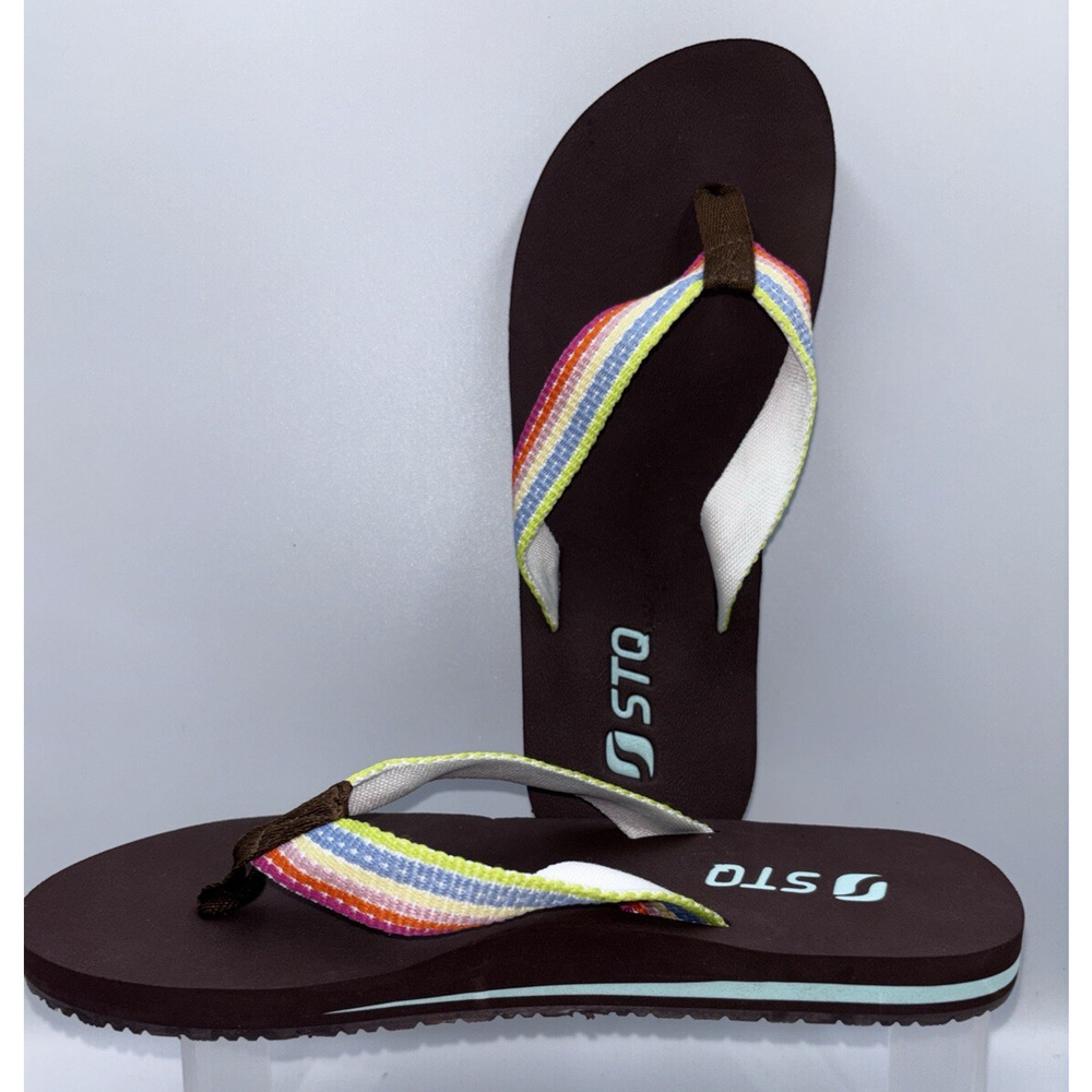 Size 9 STQ Womens Flip Flops Multi Color Straps Arch Support Brown Sandal Unworn
